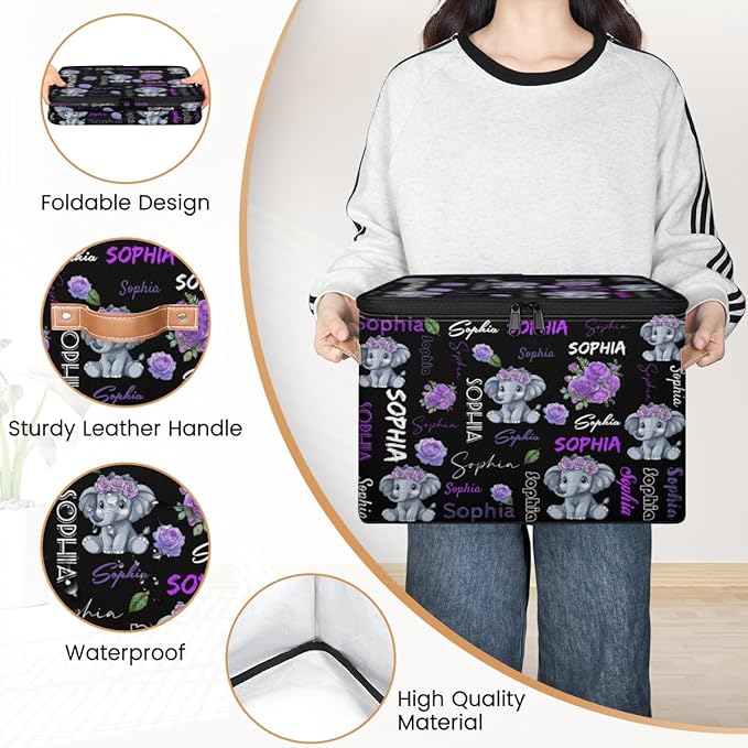Custom Storage Bins with Zipper Lid Personalized Elephant Fabric Lidded Storage Baskets Boxes Foldable Cubes Clothes Organizer Container