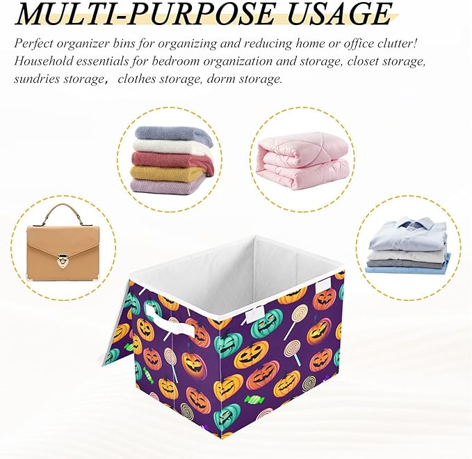 Halloween Storage Baskets with Lids Colorful Halloween Pumpkin Collapsible Bins Stackable Fabric Linen Baskets Closet Organizer Container 16.5x12.6x11.8