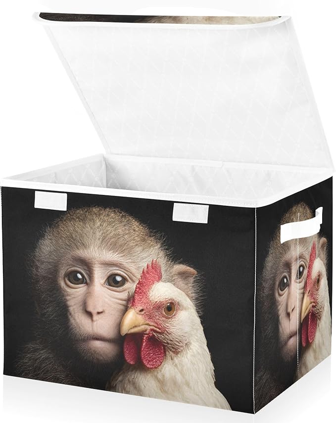 Monkey Rooster Print Storage Basket Bins with Lid Foldable Flip-top with Handle for Home Office 16.5×12.6×11.8 in 1 Pack