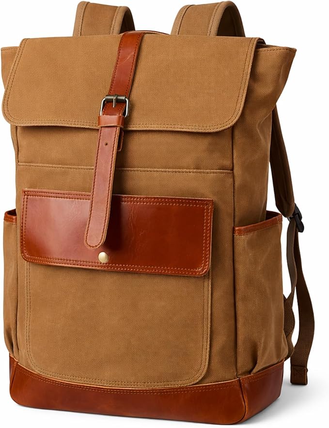 Heavy-Duty Wax Canvas with Top Layer Cowhide Retro Backpack Suitable for Men and Women'S Leisure/Hiking/Traveling/College Canvas Backpack(8431-Khaki)