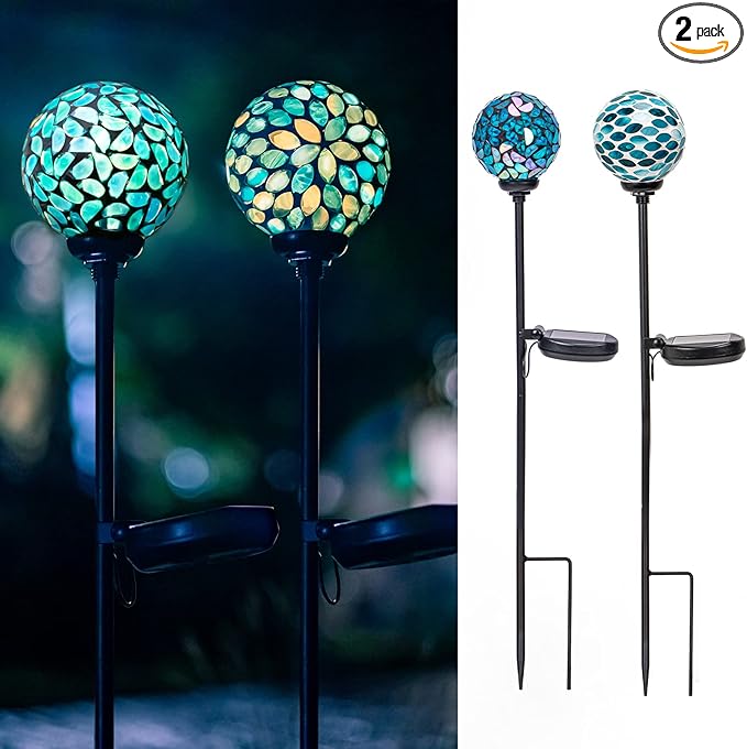 VCUTEKA Solar Lights Outdoor Decorative Mosaic Solar Garden Light Waterpoof LED Pathway Stake Light for Landscape Lawn Patio Yard Decoration 2 Pack