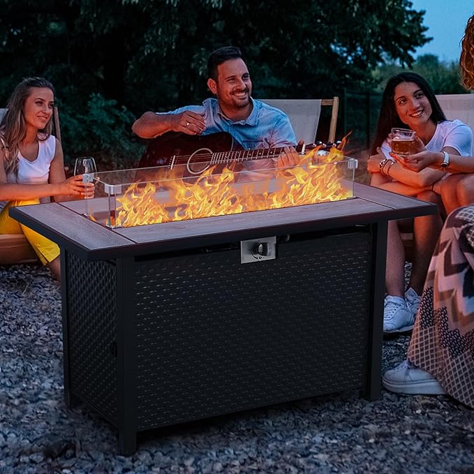 Outdoor Propane Fire Pit 45 Inch Patio Firepit Table with Fire Glass and Wind Guard for Outside Parties and Gatherings on Garden Backyard Porch