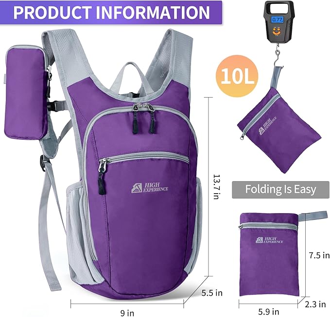 Hiking Backpack 10L/15L Small Daypack Lightweight Packable Travel Foldable Water Resistan for Women Men (Deep Purple 10L)