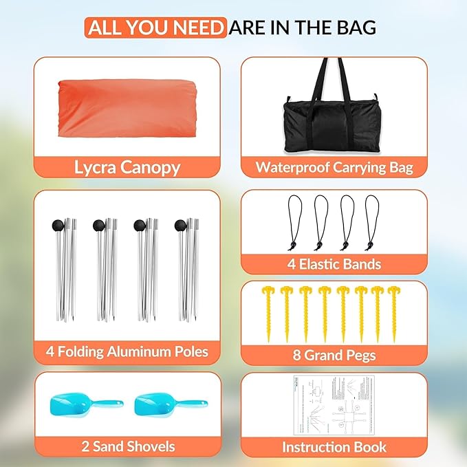 Gardentime Beach Tent Canopy with 8 Sandbags 4 Aluminum Poles Pop Up Portable Camping Sun Shelter Easy Set Up with 2 Sand Shovel Ground Pegs Carrying Bag for Outdoor BeachPicnic Fishing