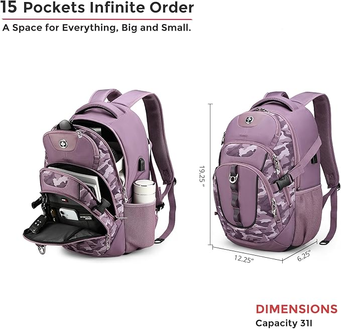 Swissdigital Design Laptop Backpack with USB Charging Port Travel Backpack Fits 15.6 inches Computer 31L College School Backpack for Men Pink Camo | SD803-93