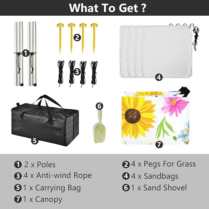 Beach Canopy with Windproof Ropes &amp Sandbags Beach Tent Sun Shade Sun Shelter for Camping Trips Fishing Backyard Fun or Picnics Sunflowers