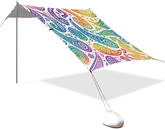ALAZA Paisley Rainbow Color Beach Tent Sun Shelter UPF50+ Protection Beach Shade Canopy w/ 4 Sandbags for Outdoor Camping Fishing Backyard Fun Picnic 10x9 ft
