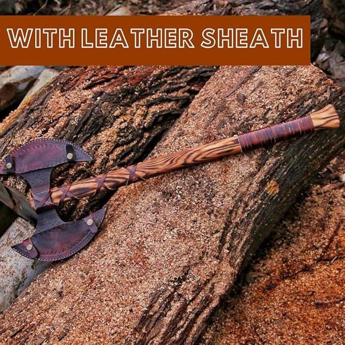 QC® Double Headed Carbon Steel Viking Bearded Axe with Wooden Handle - Scandinavian Style Axe Norse Axe Seax (DHA2)