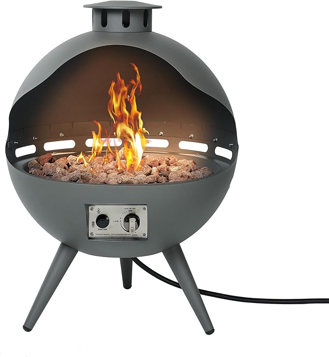 24-Inch Chimenea Outdoor Gas Fireplace 55000 BTU Propane Fire Pit with Lava Rocks and Rain Cover Hemispherical 3-Legged Firepit Gray