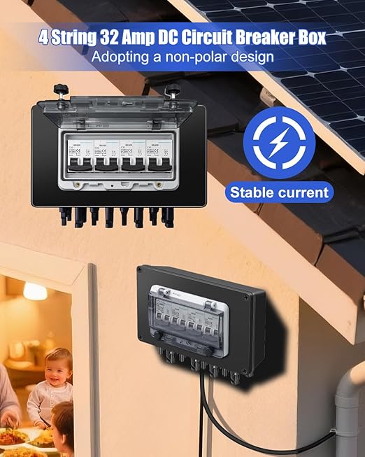 Solar Panel Disconnect Switch 4 String 32 Amp DC Circuit Breaker Box Waterproof IP67 Solar Combiner Box with MC4 Connectors for Grid-Connected and Off-Grid Systems 4 in 4 Out