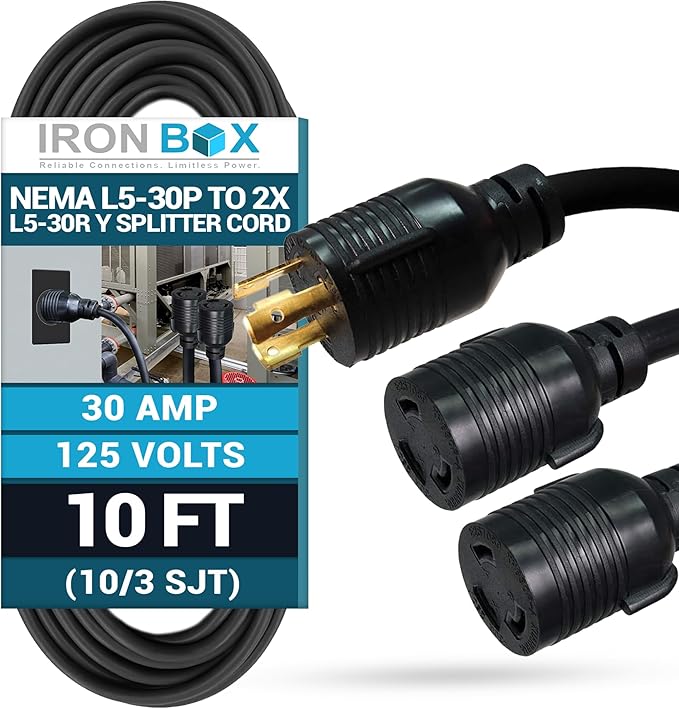 IronBox Electric – NEMA L5-30P to 2X L5-30R Y Splitter Cord – Rated for 30A 125V with 10/3 SJT Cable Male-to-Female Cord Splitter – Ideal for Servers Generators &amp Power Equipment (10 Foot)