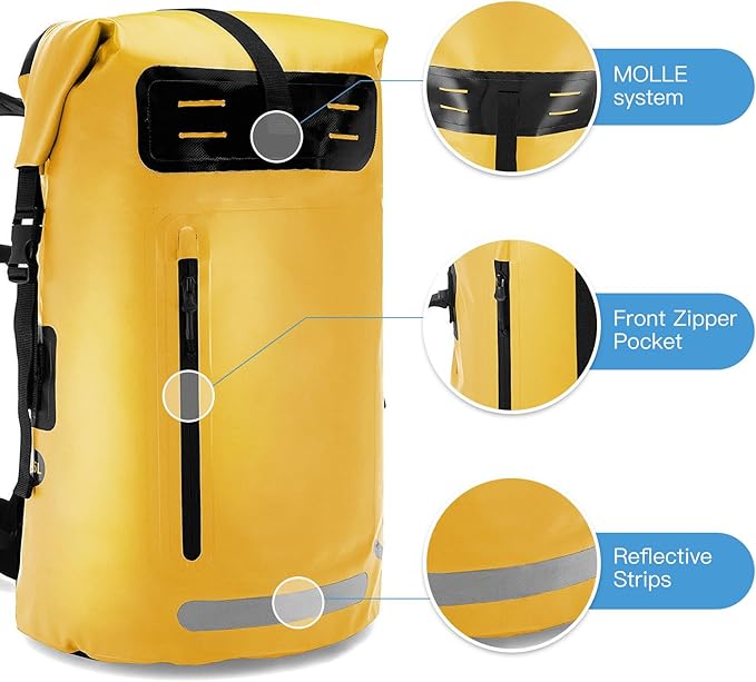 Drfeify Heavy Duty Dry Bag Backpack for Kayaking Boating SplashProof RollTop Bag for Quick Items MOLLE System Looping 35L PVC Black (Blue)
