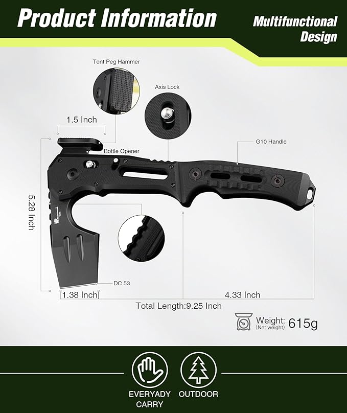 HX OUTDOORS Folding Tactical Axe and 19 in 1 Multi Tool Survival Combo – DC53 Steel Blade Stainless Steel Multitool for Camping Outdoor Emergency(Sliver)