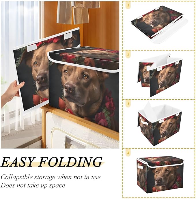 Red Floral Dog Storage Cube with Lid Collapsible Flip-top locker Fabric Storage Bins Basket with Handle for Home Bedroom Closet Office 16.5×12.6×11.8 in