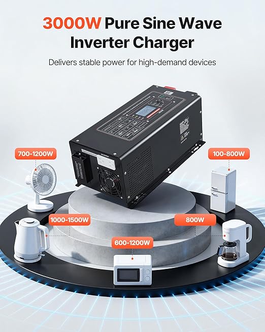 VEVOR Pure Sine Wave Inverter Charger 3000W DC 12V to AC 120V Power Inverter with LCD Display Remote Control Low Frequency for RV Camper Home Compatible with 12V LiFePO4 and Lithium Batteries