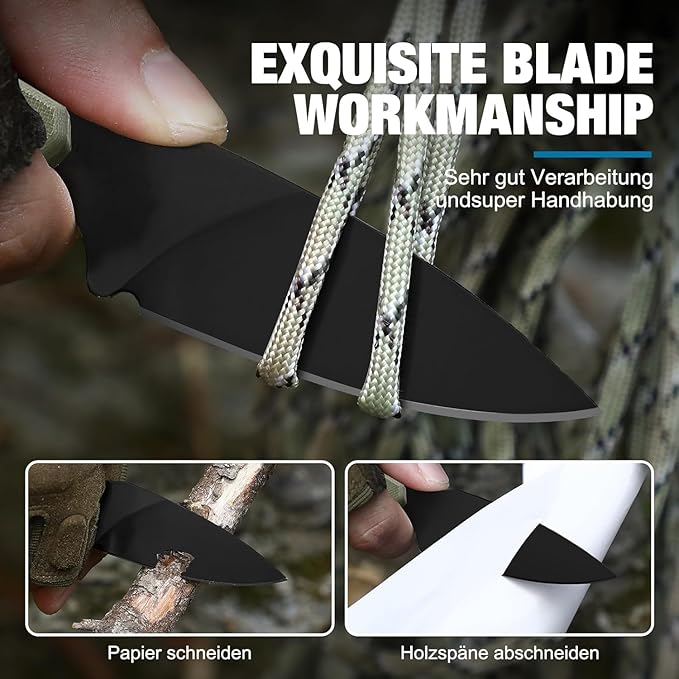 Omesio Compact Neck Knife with Sheath and Necklace D2 Steel 2.99-Inch Blade Full Tang G10 Handle Fixed Blade for EDC Hiking Camping (Black Blade + Green Handle)