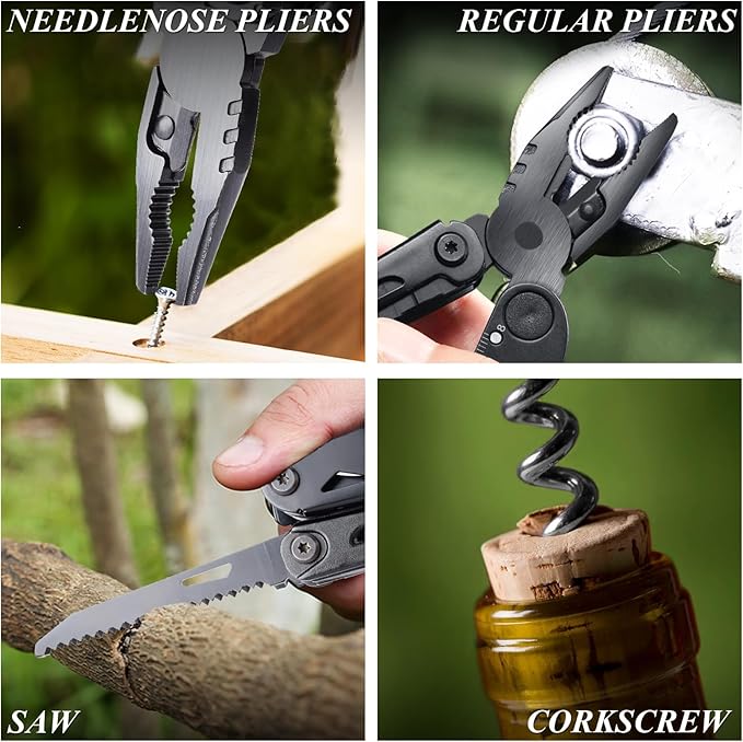 RoverTac 18-in-1 Multitool Pocket Knife with Pliers Saw Corkscrew &amp Detachable Scissors Multi Tool with Safety Lock 9 Screwdriver Bits Camping Gear Gifts for Men