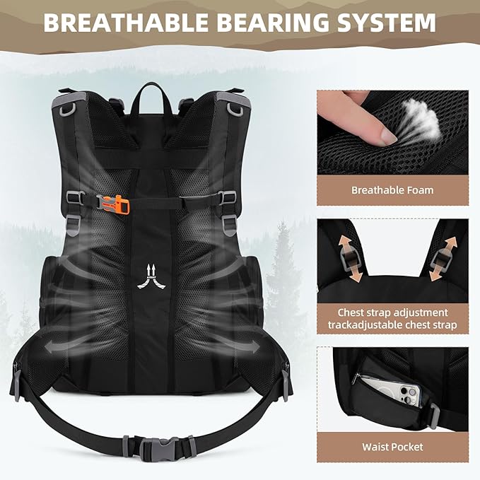 Maelstrom Hiking Backpack 40L Waterproof Camping Daypack for Men and Women Lightweight Travel Pack with Rain Cover (Black)