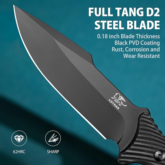 LOTHAR KA52 Fixed Blade Knife Sharp D2 Steel Blade Survival Knives with Kydex Sheath Hunting Knives with G10 Handle Camping Bushcraft Knife for Outdoor Camping Gifts For Men
