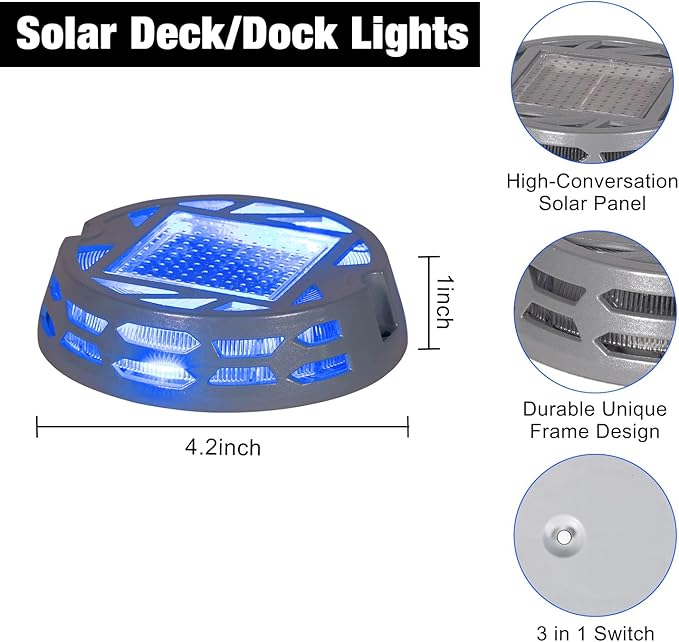 Solar Deck Lights Outdoor Driveway Marker Dock LED Light3 Lighting ModesWarm/Bright White and Blue IP67 Waterproof Road Markers for Driveway Sidewalk Garden Pathway Yard