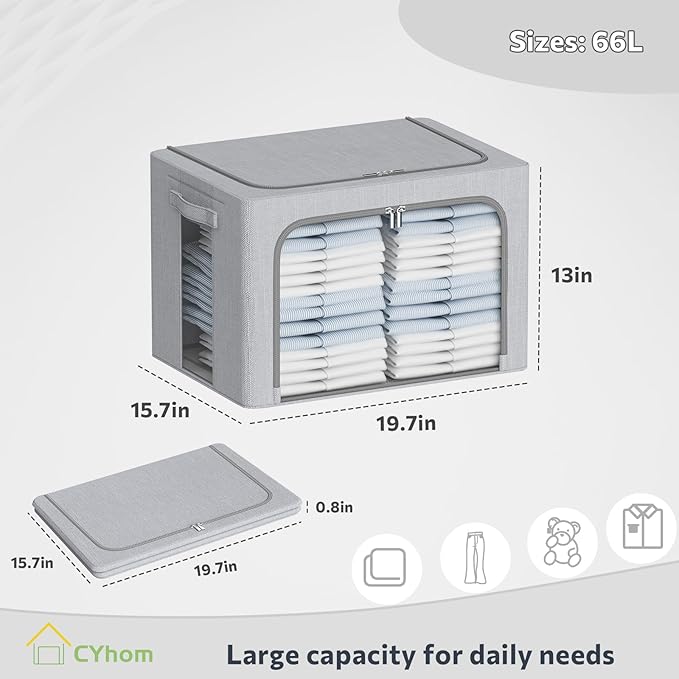 CYhom Clothes Storage Bins Box - Foldable Stackable Container Organizer Set with Clear Window &amp Carry Handles &amp Metal Frame - 2Pack Large Capacity for Bedding Blankets Books