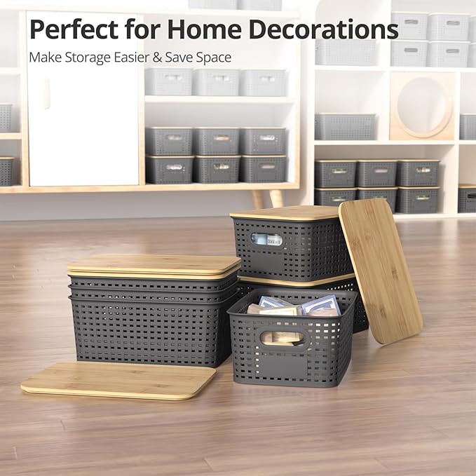 Plastic Storage Baskets with Bamboo Lids Stackable Small Box Bins for Organizing and Containers for Shelves Drawers Desktop Closet Pantry Classroom Office Home 6 Pack 10.2x7.2x4.1 Inch Gray