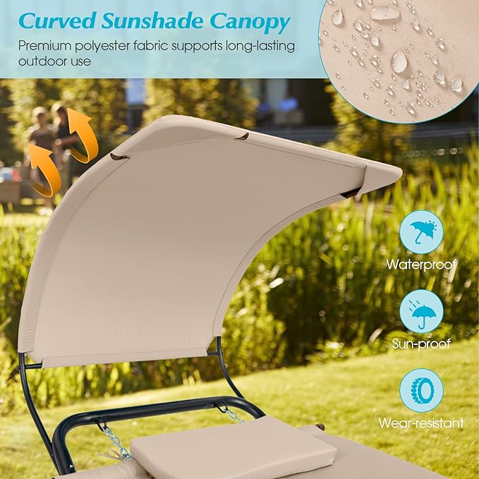 Giantex Hanging Hammock with Stand Patio Hanging Chaise Lounge Chair w/Canopy Cushion Pillow &amp Storage Bag Heavy Duty Swing Hammock Bed for Garden Lawn Backyard Patio Poolside Porch (Beige)