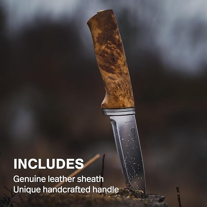 HELLE Knives - Alden - Outdoor Fishing Knife Stainless Steel Drop Point Blade Curly Birch Handle Fixed Blade With Sheath Handcrafted