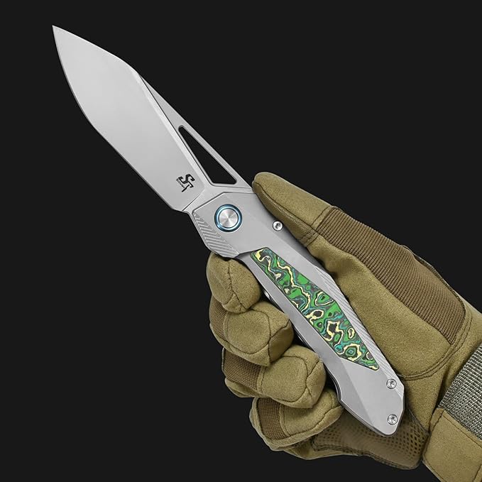 Sitivien ST666 Folding KnifeHandmade M390 Pearlescent Polishing BladeTitanium &amp Colorful Carbon Fiber Handle Pocket Knife EDC Tool Knifes for Outdoor CampingHikingHunting(Green)
