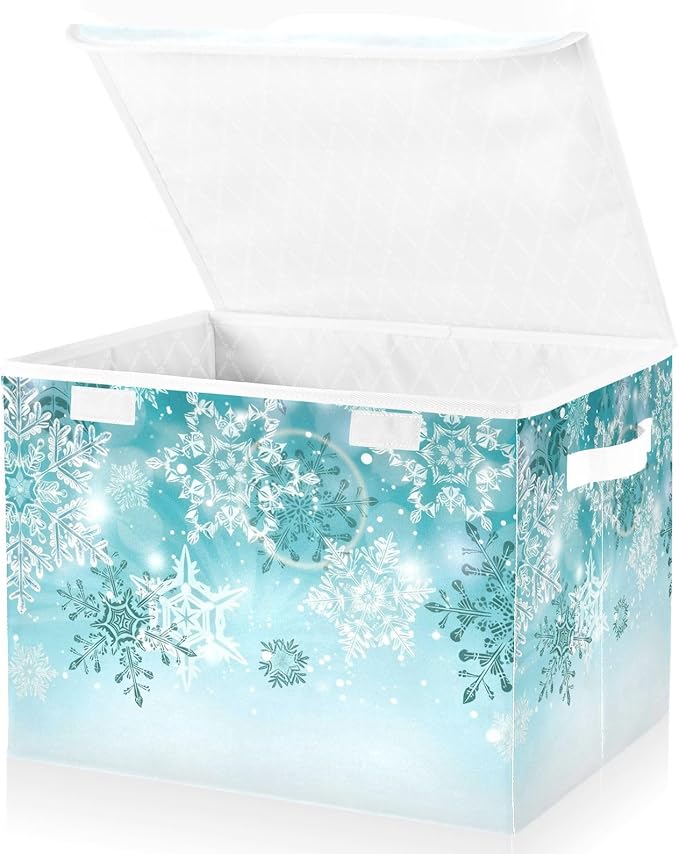 Senya Collapsible Storage Bins with Lids Silver Winter Teal Turquoise Snowflakes Christmas Storage Boxes Clothes Baskets for Organizing