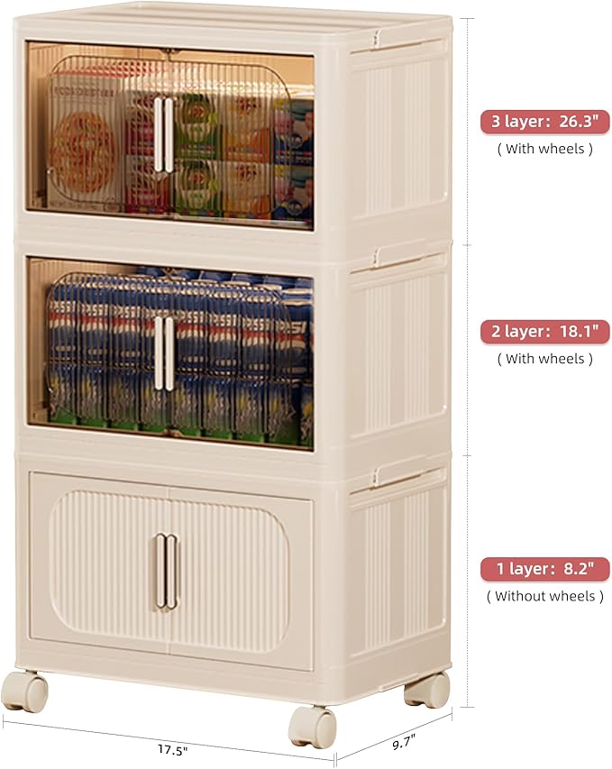 3-Tier Stackable Storage Bins with Lids Foldable Plastic Organizer with Wheels for Closet Bedroom Office Organization (Stripe - 2 Clear &amp 1 Yellow 3 Tier - 17.5 D x 9.7 W x 26.3 H)
