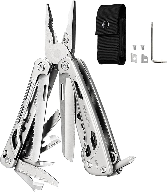 Teslong 18-in-1 EDC Multitool Pliers with Scissors Pocket Knifes with Screwdrivers Replaceable Wire Cutters and Saw with Self-locking Outdoor Survival Camping Stainless Steel Gift for Men Dad