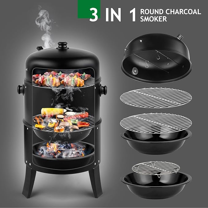 VINGLI 18 Inch Multi-Layer Charcoal BBQ Smoker Grill Heavy Duty Round Grill Vertical Smoker with Thermometer for Outdoor Cooking Patio Parties Backyard
