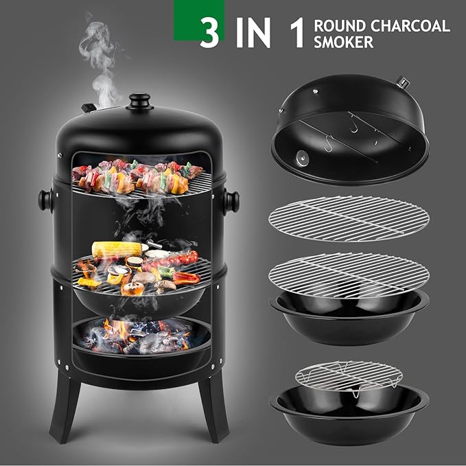 Vertical Charcoal BBQ Smoker 3-in-1 16 Round Charcoal Barbecue Grill with 2 Cooking Area and Thermometer for Outdoor Camping Picnic Backyard Cooking
