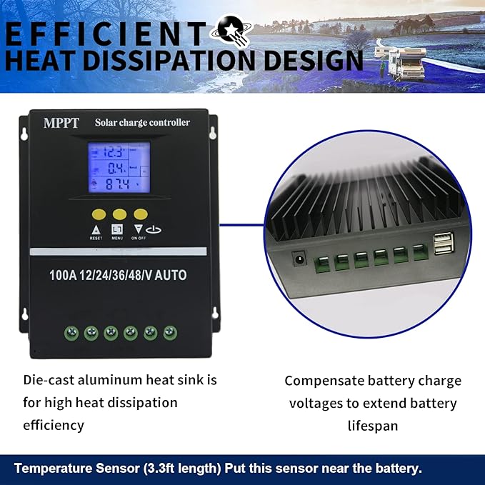 MPPT 36V/48V/24V/12V Solar Charge Controller Tools 100A/80A/60A LCD Dual USB Lead Acid Lithium Batteries Quick Charger (100A)