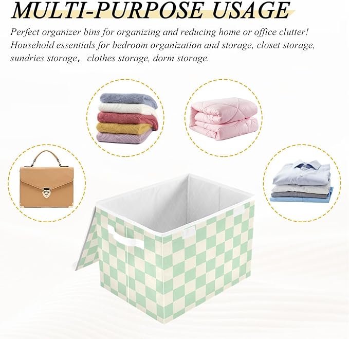 White Green Check Square Storage Box with Lid 1 PC Foldable Storage Bin with Lids Stackable Storage Bins Cube Closet Organizer Basket with Flip-Top Lid &amp Handles for Shoes Books Towels