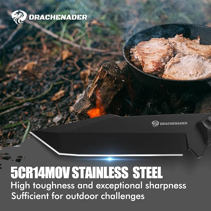 DRACHENADER Tanto Fixed Blade Knife with Sheath Tactical Knife for Men Survival Full Tang Design (E-Full Black)