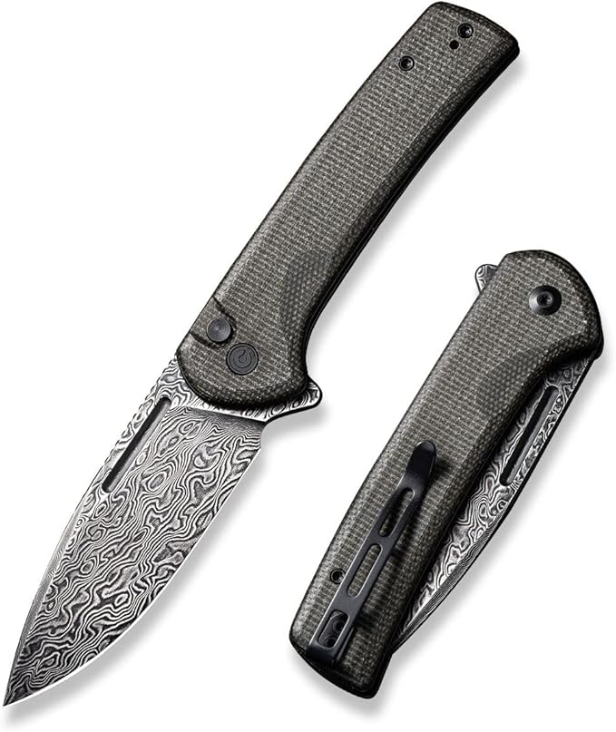 CIVIVI Pocket Knife for EDC Conspirator Button Lock Folding Knife 3.48 Damascus Blade Dark Green Micarta Handle C21006-DS1