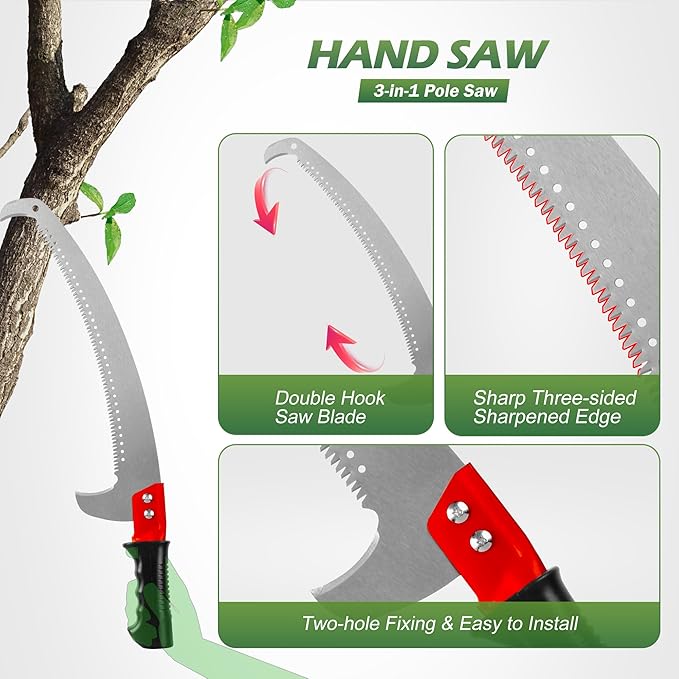 Walensee Pole Saw for Tree Trimming 7.2-27 FT Manual Tree Pruner with 8 Sectional Fiberglass Poles Saw Blade &amp Pruning Scissor Head Adjustable Branch Cutter for Yard Garden with Storage Bag