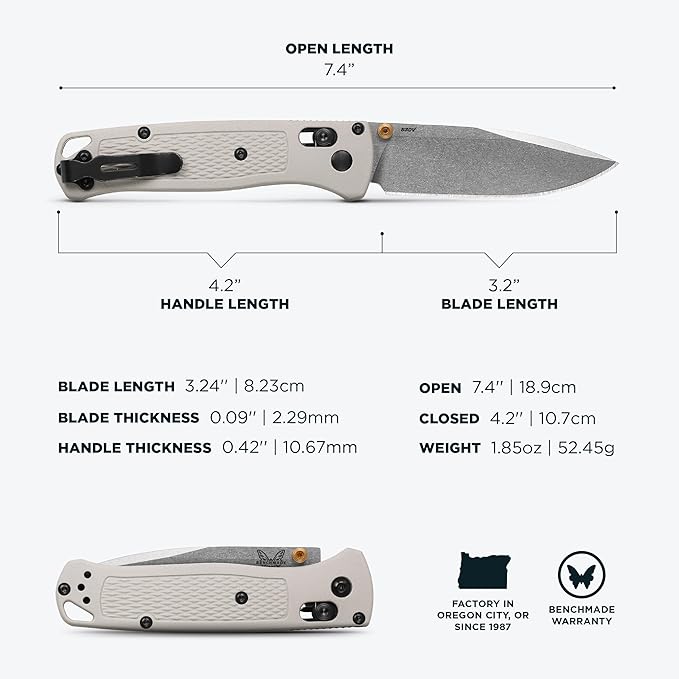 Benchmade - Bugout Outdoor EDC Folding Knife Slim Lightweight Plain Edge Drop-Point Blade CPM-S30V Stainless Steel (58-60HRC) Grivory Handle (535-12)
