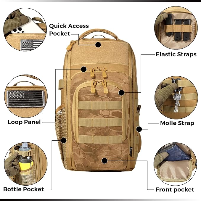 DBTAC Tactical Personal Defense EDC Bags &amp Packs | 10L Military Shoulder Backpack with Sling for Concealed Carry Range Travel Hiking Outdoor Sports (Brown Apatite)