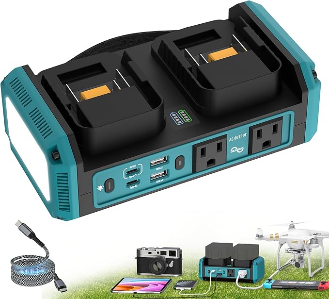 350W Pure Sine Wave Power Inverter Compatible with Makita 18V Battery DC 18V to AC 120V Inverter 7A Fast Charger &amp 2 AC Outlet 2 USB Ports &amp 2 Type-C Ports 600LM LED Work Light (No Battery