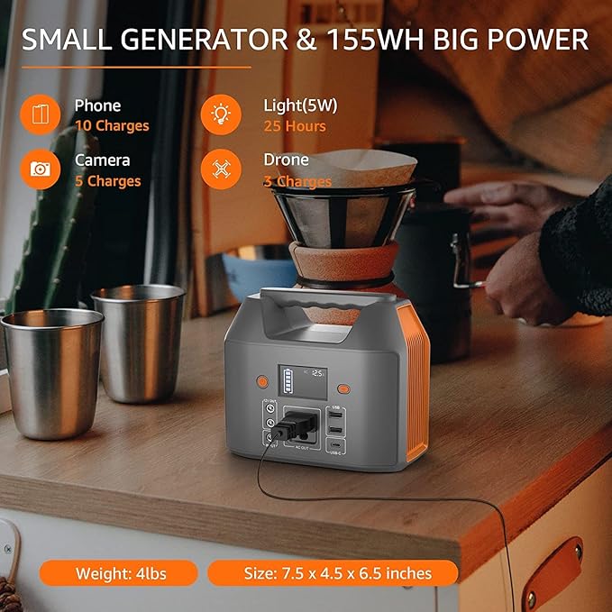 EnginStar Portable Power Station 150W 155Wh Solar Generator 110V 42000mAh Portable Power Bank w/AC Outlet 6 Outputs External Battery Backup LED Light for Outdoor Camping