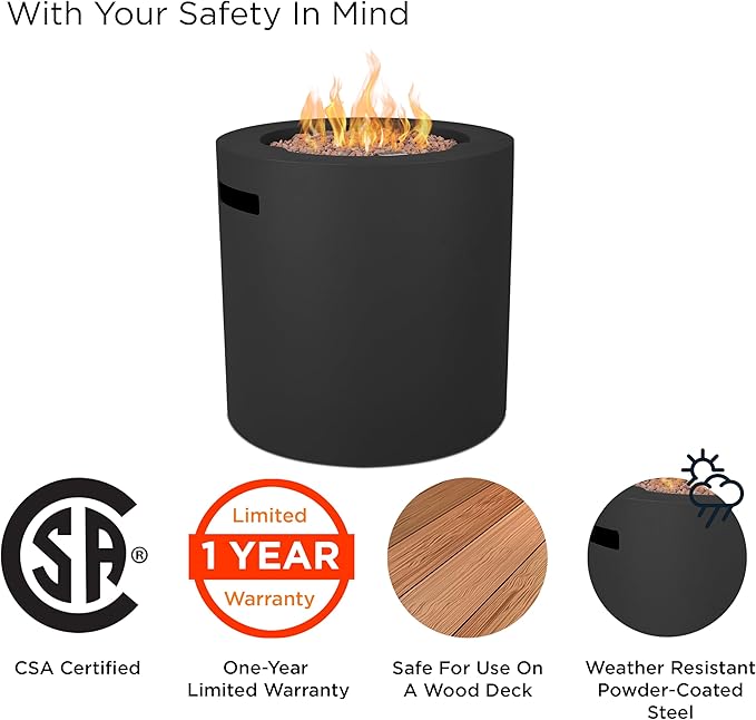 Real Flame Aegean 24 Round Propane Gas Fire Pit Table with Hidden Tank 50000 BTU Powder-Coated Steel Push-Button Ignition Lava Rock Storage Cover Stainless Steel Burner with Lid - Black