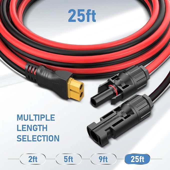 Solar Connector to XT60 Cable (12AWG 25ft) Solar to Injection Molding XT60 Adapter Extension Cord for Portable Power Station