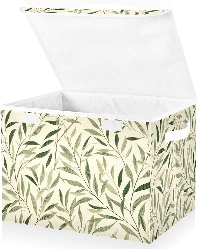 Beige Botanical Willow Leaf Collapsible Storage Bins with Lids Decorative Fabric Cubes Closet Organizer Basket Boxes Containers for Clothes Box Chest Folding Rectangle