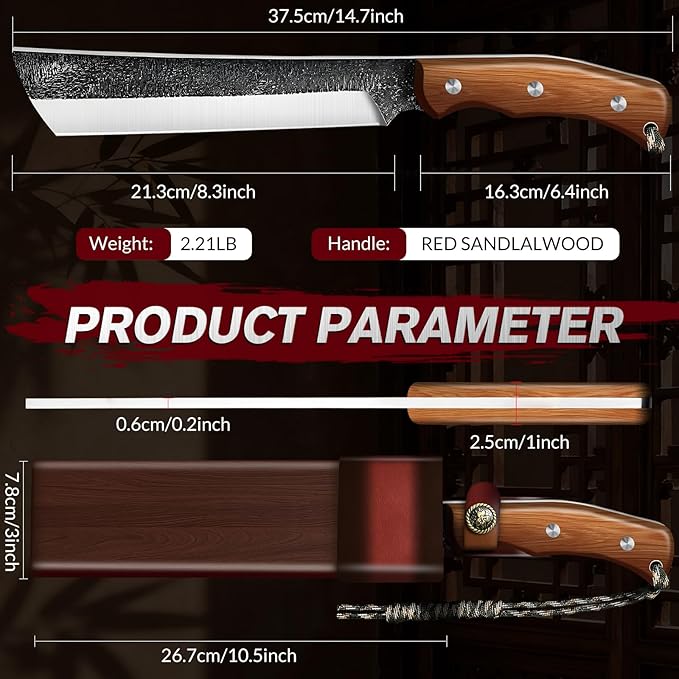 MDHAND Japanese Machete Knife with Ergonomic Full Tang Handle and Wood-Leather Sheath Heavy Duty High Carbon Steel Machete Knife for Bushcraft Survival Outdoor Hunting and Camping Gifts for Men