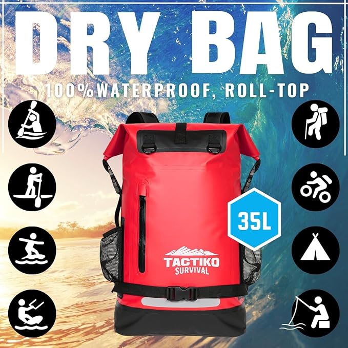 TACTIKO 30L Heavy-Duty 100% Waterproof Backpack Roll Top Dry Bags for Kayaking Hiking Camping Survival