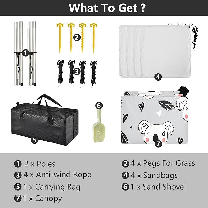 Koalas Beach Canopy Sun Shelter with Sandbags &amp Sand Shovel &amp Windproof Ropes - Portable 110x126 Beach Shade Beach Tent for Camping Picnics