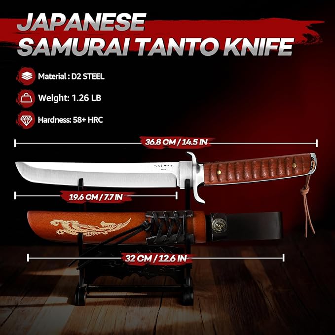 Purple Dragon Japanese Fixed Blade Knife with Engraved Sheath for Belt Tanto Knife D2 Steel Samurai Knives with Wooden Handle for Camping Outdoor Mini Katana Gifts for Men
